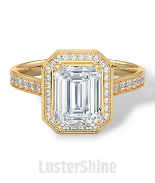 2CT Emerald Diamond Ring – Halo Engagement Ring – Step Cut Gold Ring – Elegant Pave Band – Vintage Inspired Unique Art Deco Wedding Ring