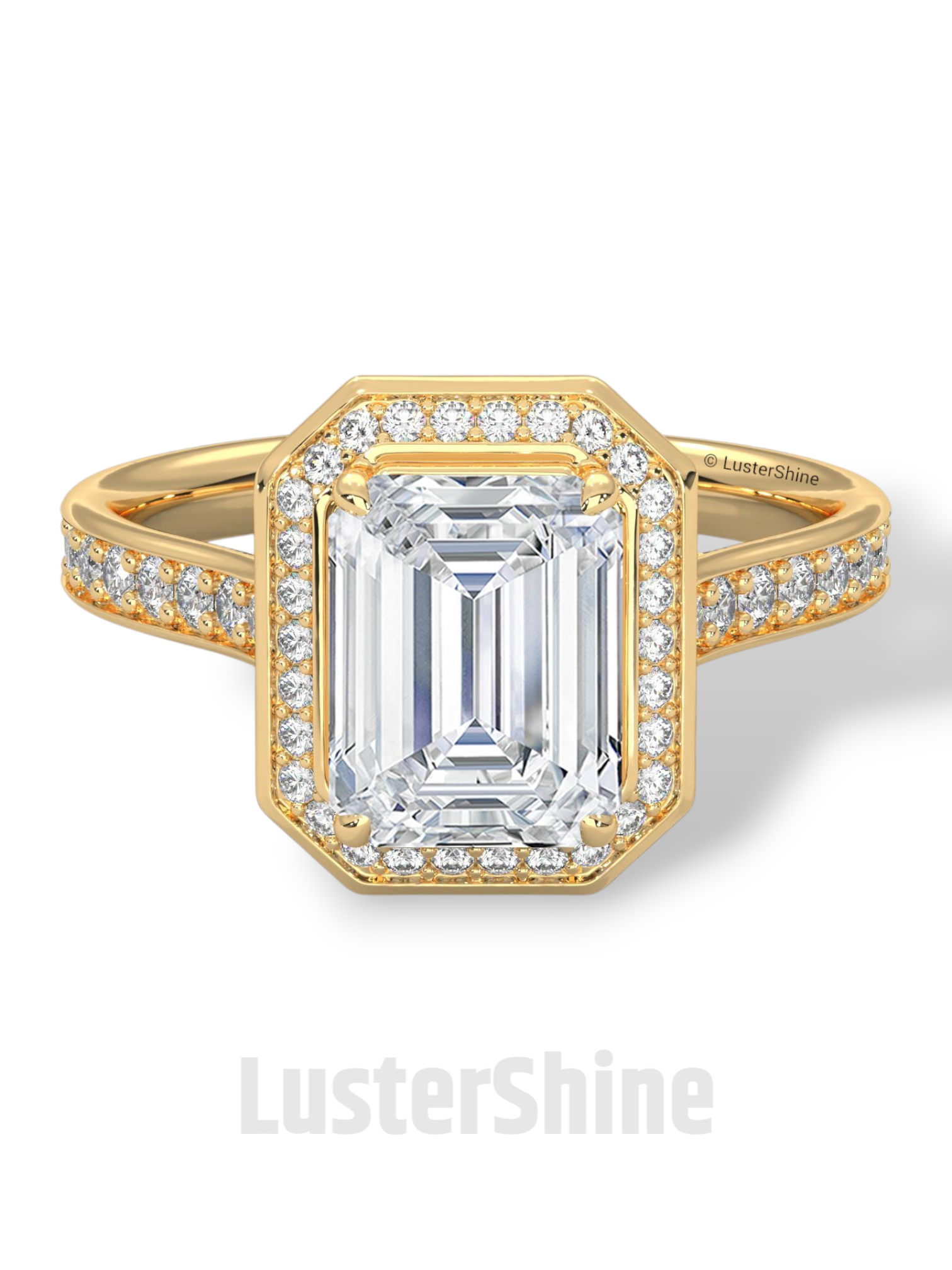2CT Emerald Diamond Ring – Halo Engagement Ring – Step Cut Gold Ring – Elegant Pave Band – Vintage Inspired Unique Art Deco Wedding Ring