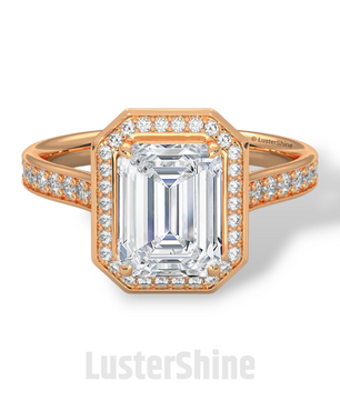 2CT Emerald Diamond Ring – Halo Engagement Ring – Step Cut Gold Ring – Elegant Pave Band – Vintage Inspired Unique Art Deco Wedding Ring