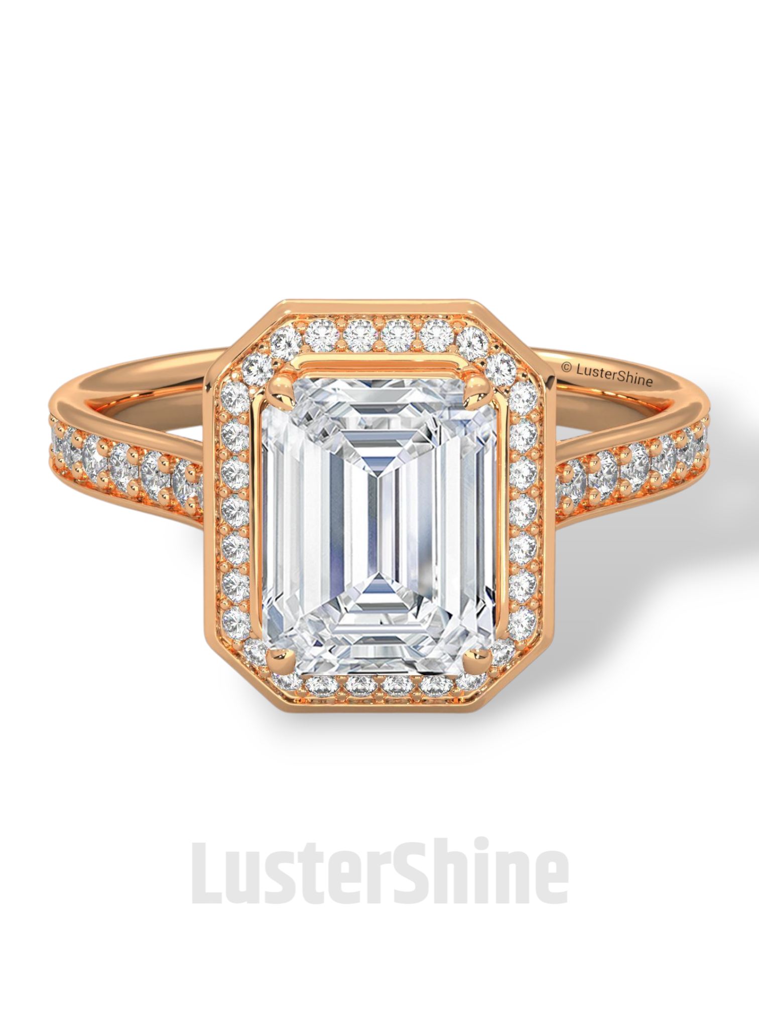 2CT Emerald Diamond Ring – Halo Engagement Ring – Step Cut Gold Ring – Elegant Pave Band – Vintage Inspired Unique Art Deco Wedding Ring