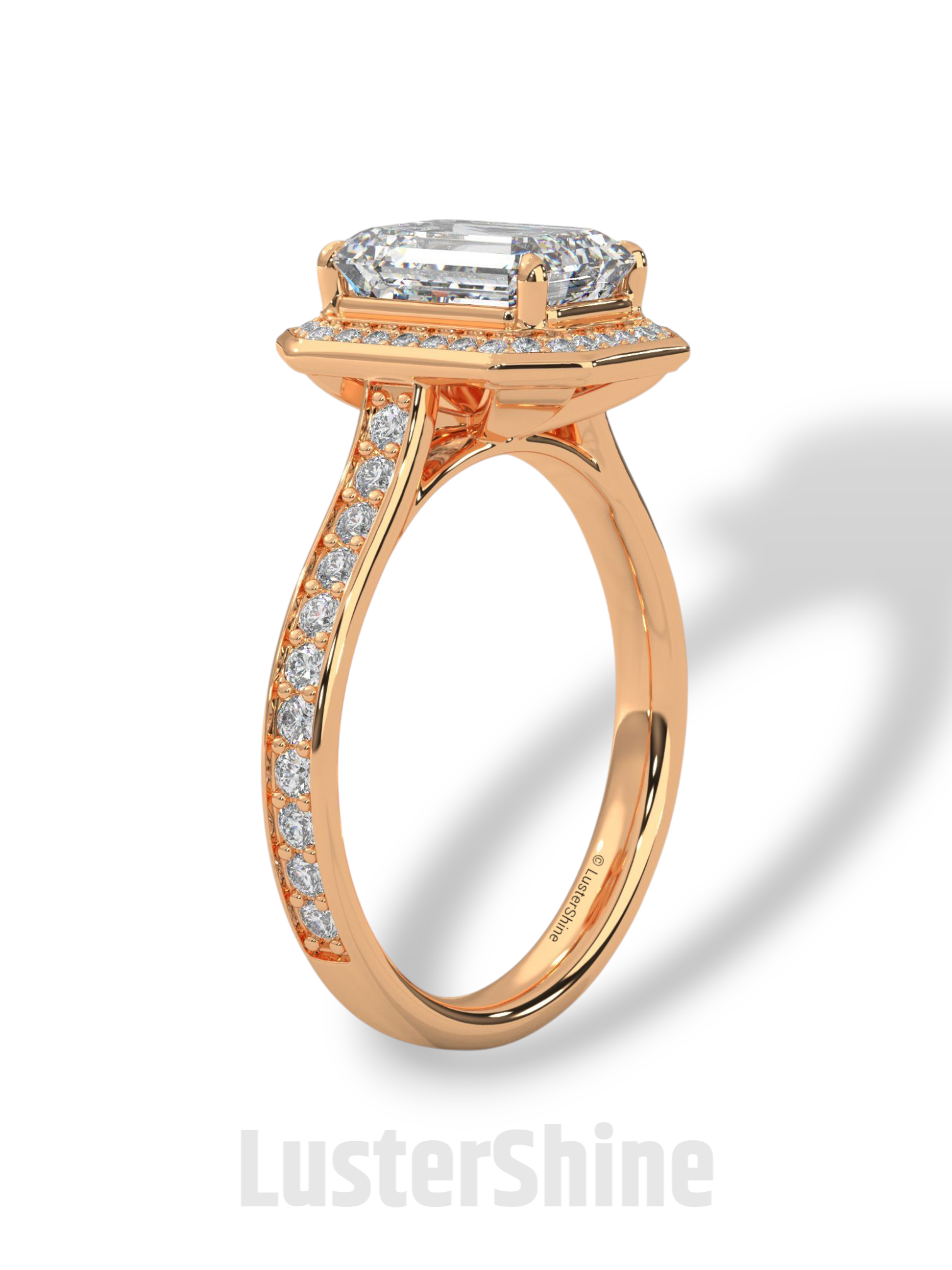2CT Emerald Diamond Ring – Halo Engagement Ring – Step Cut Gold Ring – Elegant Pave Band – Vintage Inspired Unique Art Deco Wedding Ring