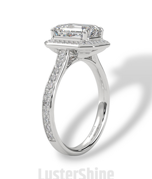 2CT Emerald Diamond Ring – Halo Engagement Ring – Step Cut Gold Ring – Elegant Pave Band – Vintage Inspired Unique Art Deco Wedding Ring