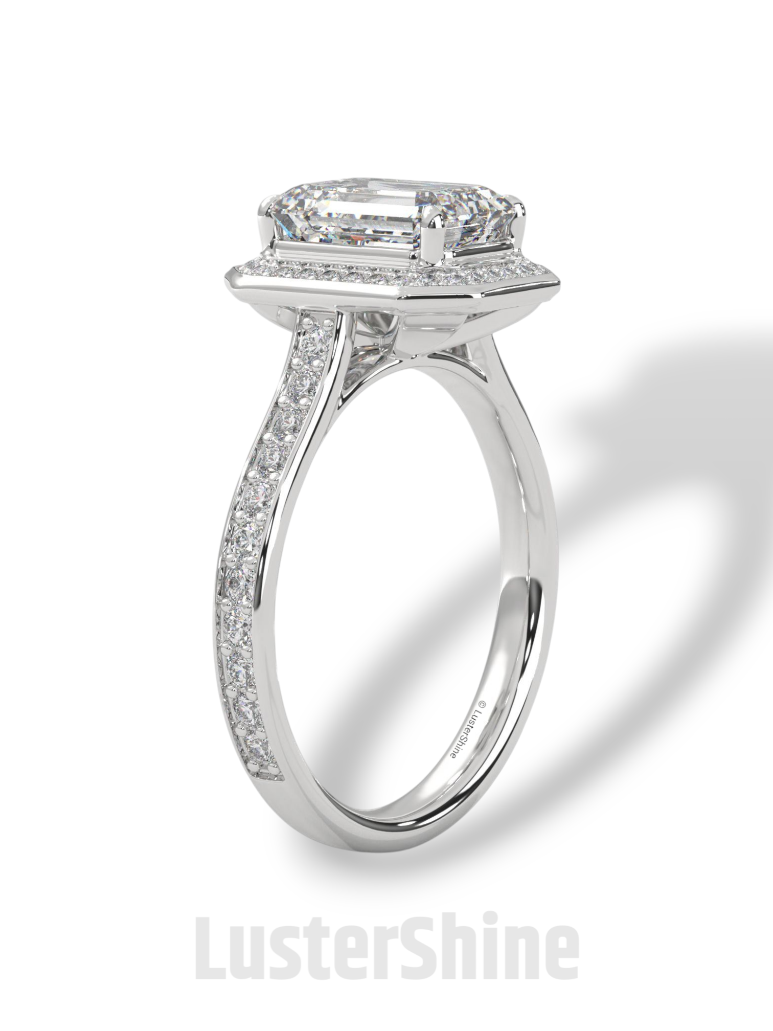 2CT Emerald Diamond Ring – Halo Engagement Ring – Step Cut Gold Ring – Elegant Pave Band – Vintage Inspired Unique Art Deco Wedding Ring