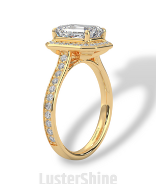 2CT Emerald Diamond Ring – Halo Engagement Ring – Step Cut Gold Ring – Elegant Pave Band – Vintage Inspired Unique Art Deco Wedding Ring