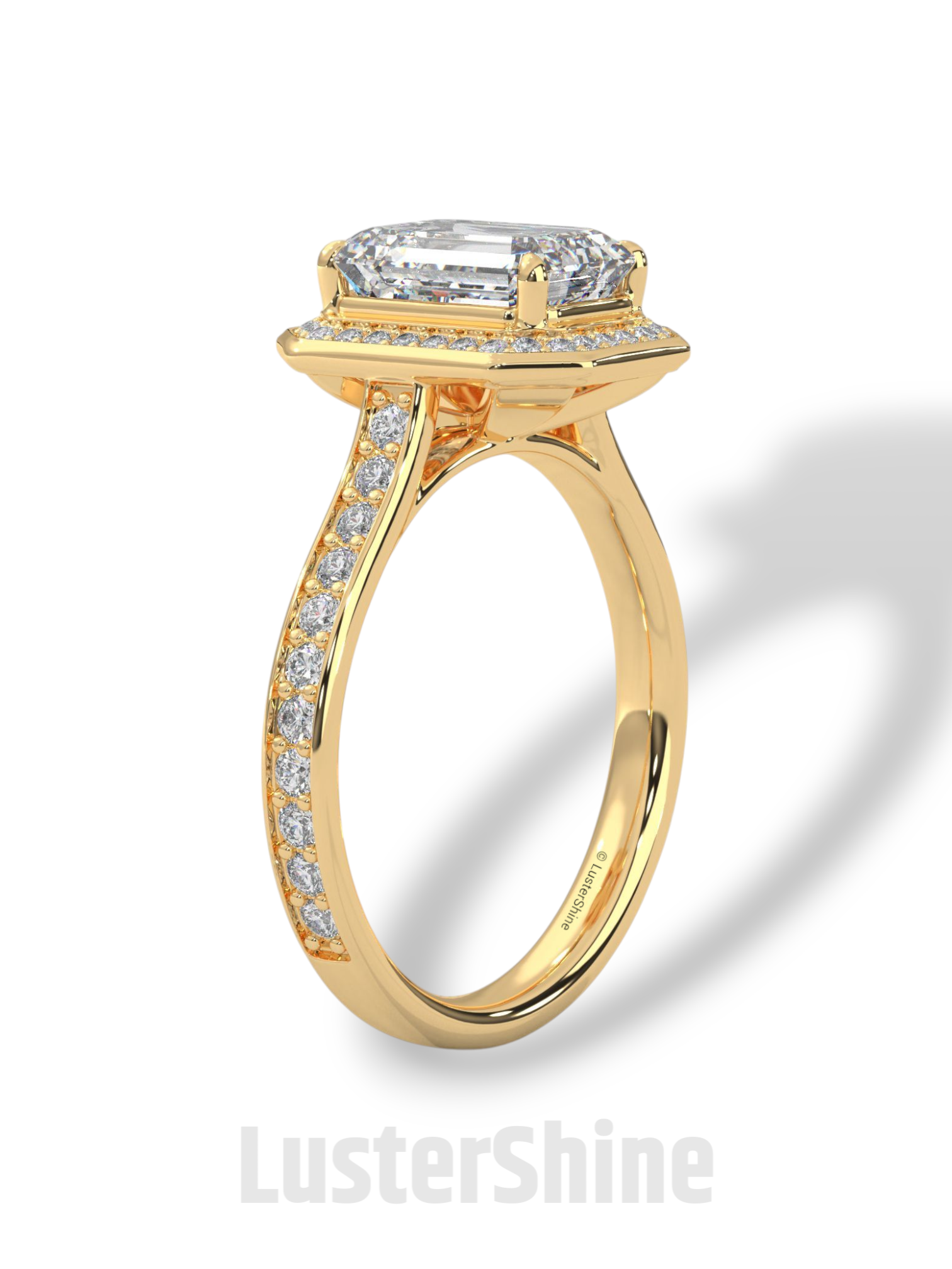 2CT Emerald Diamond Ring – Halo Engagement Ring – Step Cut Gold Ring – Elegant Pave Band – Vintage Inspired Unique Art Deco Wedding Ring