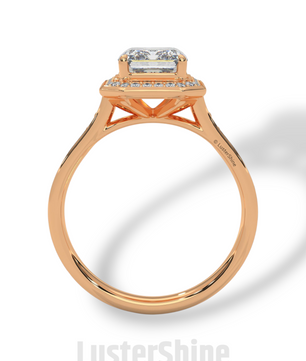 2CT Emerald Diamond Ring – Halo Engagement Ring – Step Cut Gold Ring – Elegant Pave Band – Vintage Inspired Unique Art Deco Wedding Ring