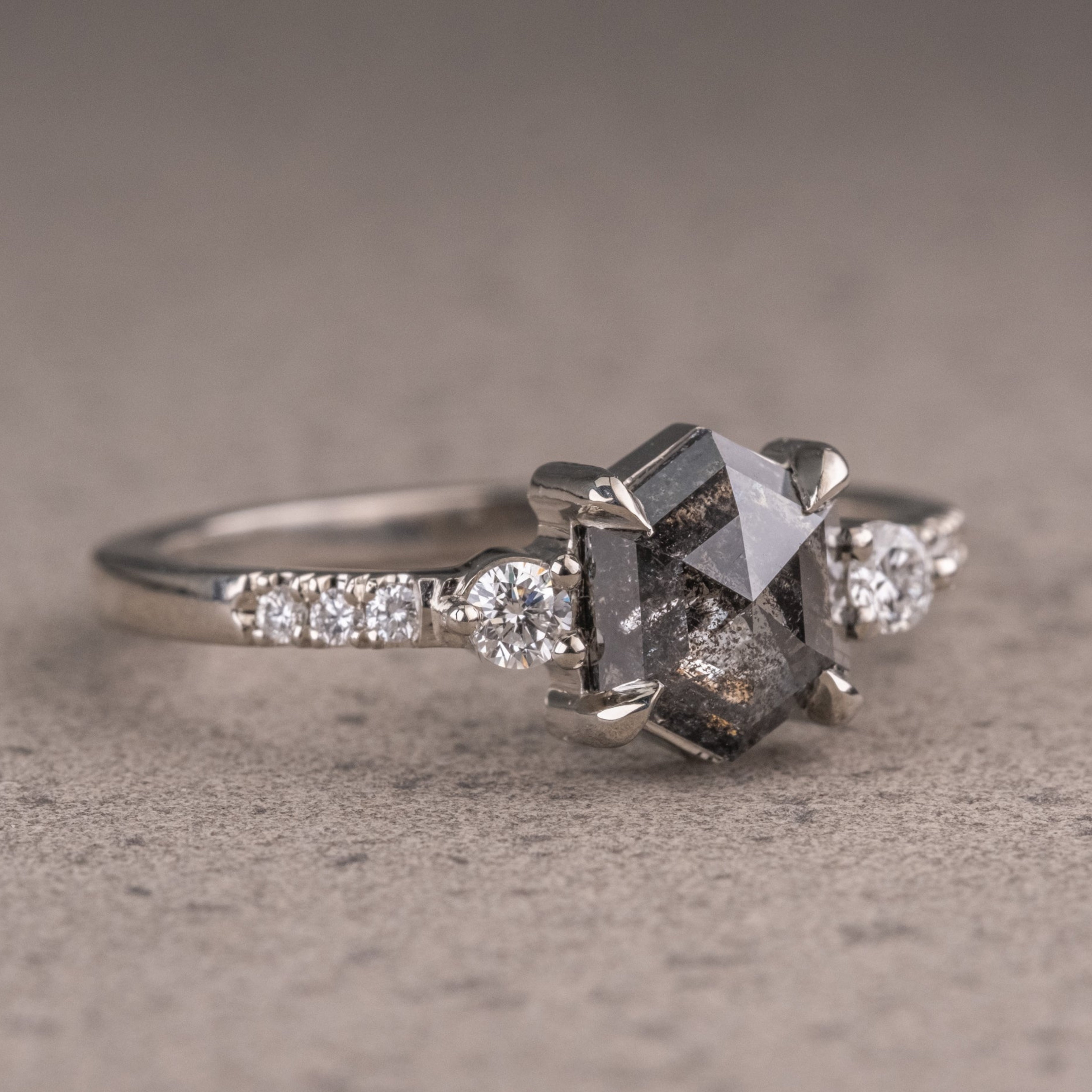 Natural Salt And Pepper 1.85 CT Hexagon Diamond Unique Engagement Ring