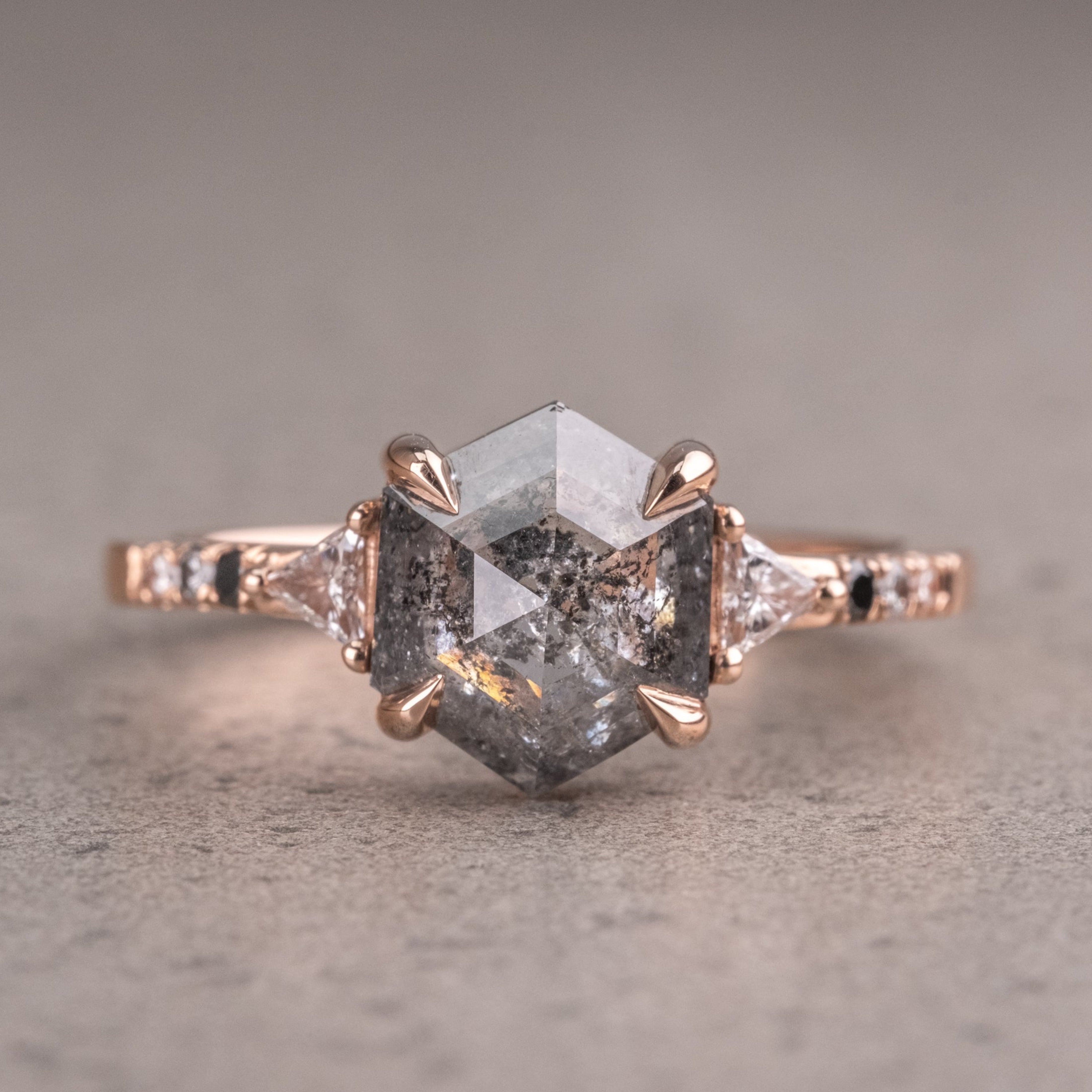 Natural Salt And Pepper 3.40 CT Hexagon Diamond Unique Handmade Ring