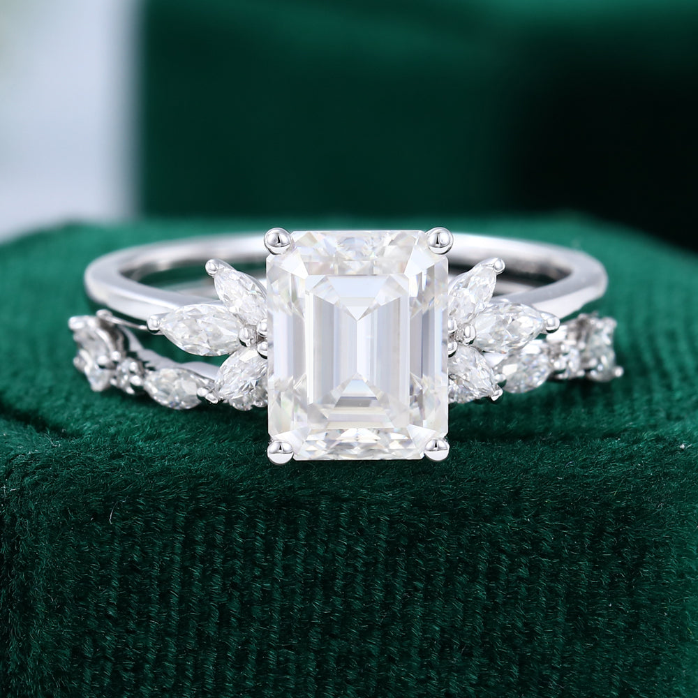 Moissanite 4.85 CT Emerald Diamond Avant Garde Anniversary Ring