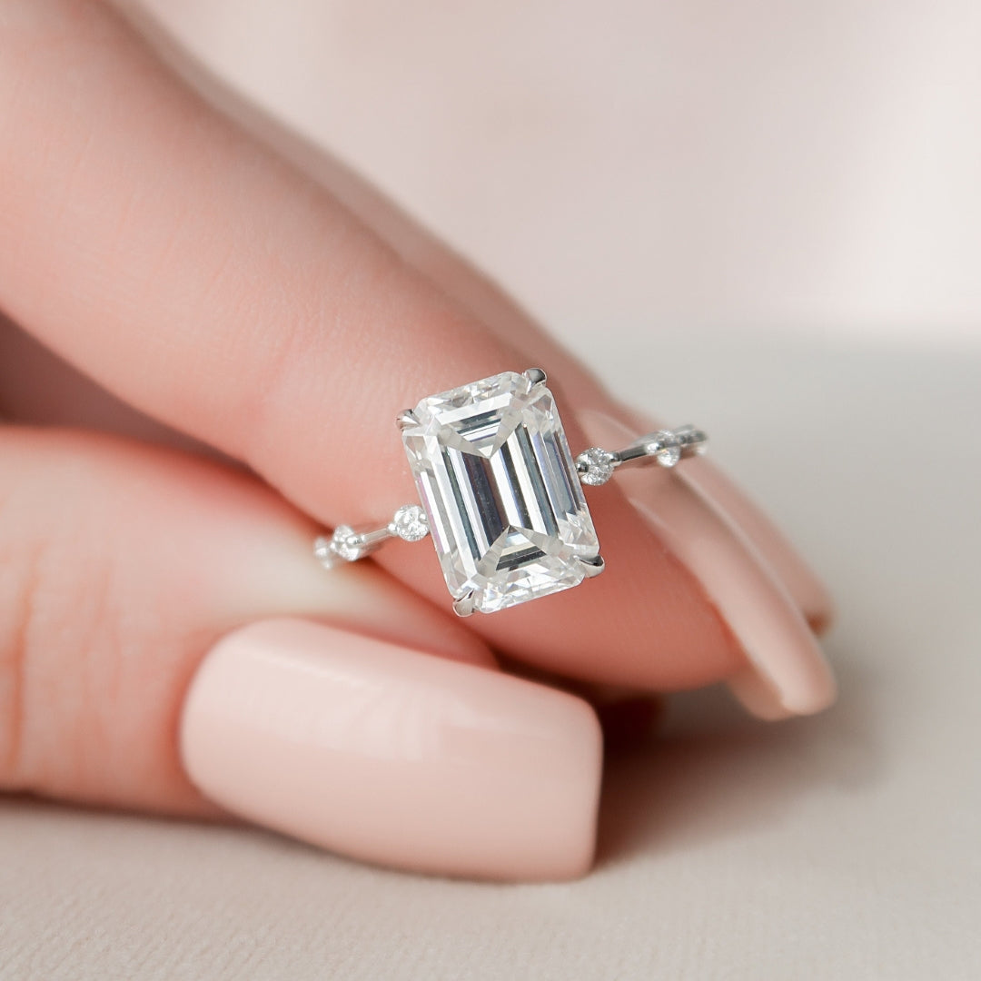 Moissanite 2.37 CT Emerald Cut Diamond Mid-Century Engagement Ring