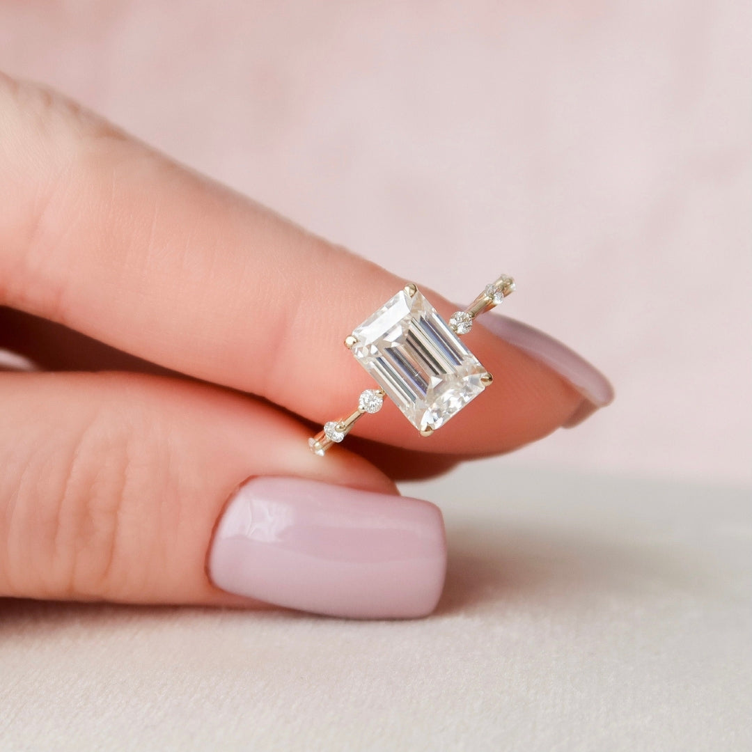 Moissanite 2.37 CT Emerald Cut Diamond Mid-Century Engagement Ring