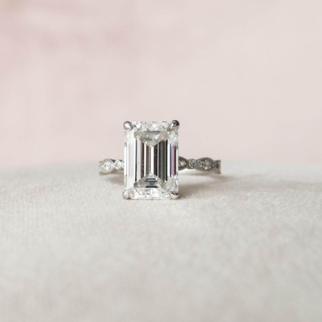 Moissanite 1.70 CT Emerald Cut Diamond Art Nouveau Engagement Ring