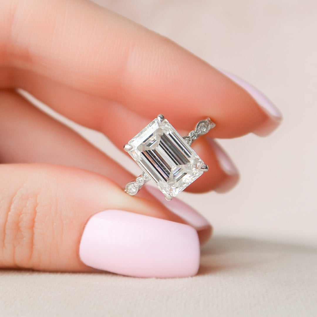 Moissanite 1.70 CT Emerald Cut Diamond Art Nouveau Engagement Ring