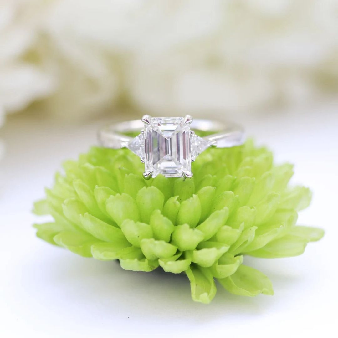 Moissanite 3.68 CT Emerald Cut Diamond Art Nouveau Anniversary Ring