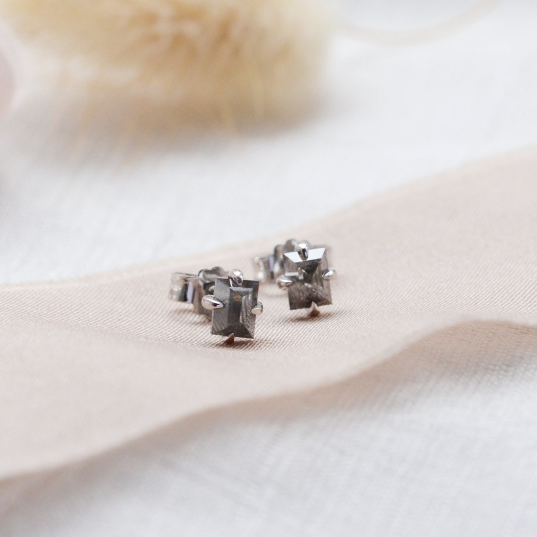 Natural Salt and Pepper 1.60 CT Baguette Diamond Stud Earring