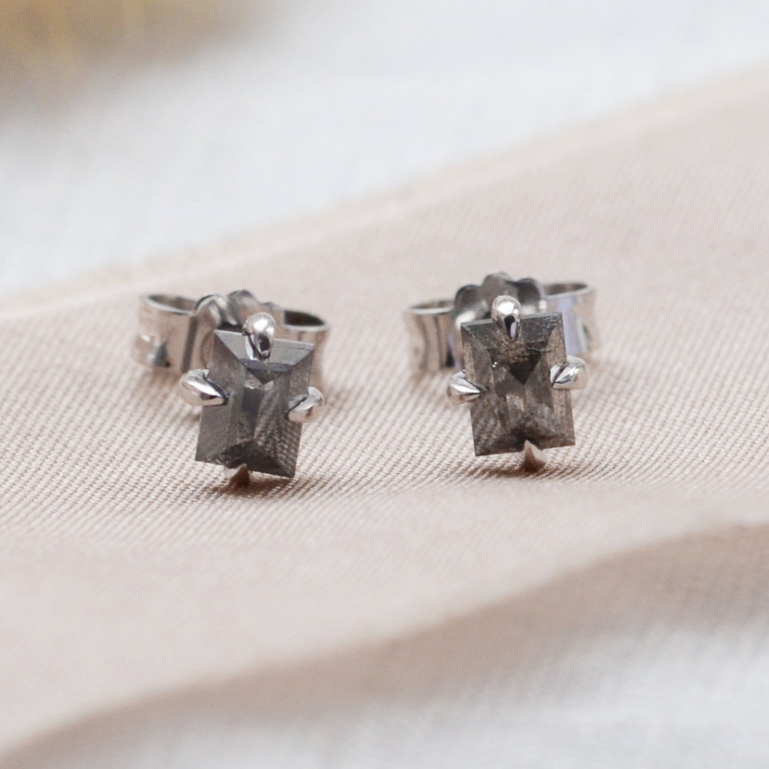 Natural Salt and Pepper 1.60 CT Baguette Diamond Stud Earring