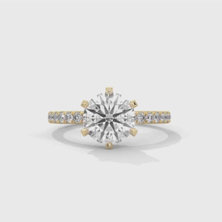 Round Cut Diamond Ring – 6 Prong Engagement Ring – 2ct Moissanite Ring – Gold Solitaire Ring – Dainty Pave Band – Promise Adjustable ring