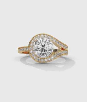 Twisted Halo Round Diamond Engagement Ring – Unique Split Shank Design – 14K 18K Gold – Twist Moissanite Diamond Ring– LusterShine Ring