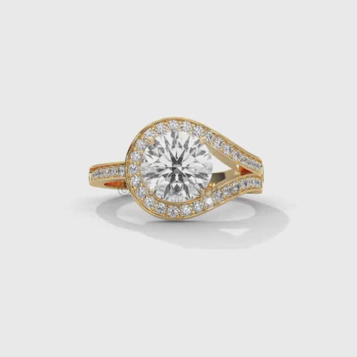 Twisted Halo Round Diamond Engagement Ring – Unique Split Shank Design – 14K 18K Gold – Twist Moissanite Diamond Ring– LusterShine Ring