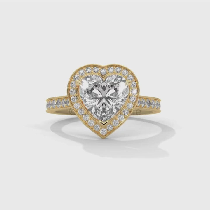 Heart Cut Halo Ring – 2CT Diamond Engagement Ring – Romantic Custom Valentine Proposal Ring – Pave Band Bridal Jewelry – 14K or 18K Ring