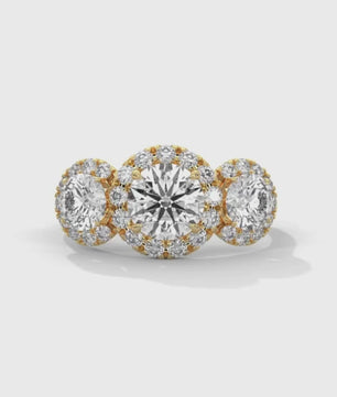 Round Cut Three Stone Engagement Ring – Halo Diamond Ring for Her – 1ct Center with 0.50ct Side Moissanite Diamond Three Stone Gold Ring