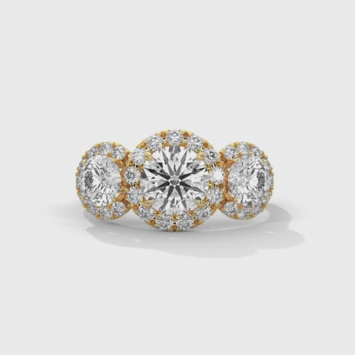 Round Cut Three Stone Engagement Ring – Halo Diamond Ring for Her – 1ct Center with 0.50ct Side Moissanite Diamond Three Stone Gold Ring