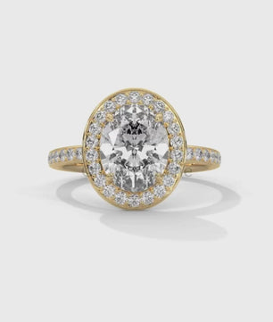 Oval Engagement Ring – Diamond Halo with Pave Band in 14K or 18K Rose Gold – 9x7mm Oval Center – Rose Gold Diamond Pave Band