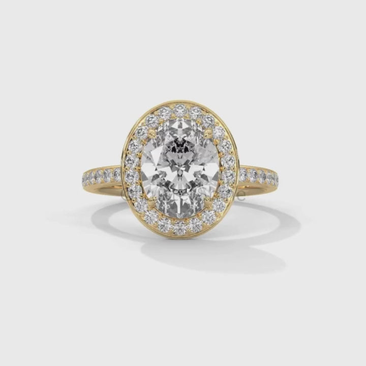 Oval Engagement Ring – Diamond Halo with Pave Band in 14K or 18K Rose Gold – 9x7mm Oval Center – Rose Gold Diamond Pave Band