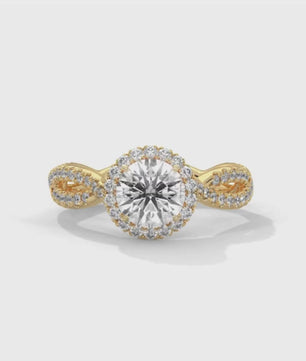 Twisted Halo Engagement Ring – 1 Carat Round Diamond Ring – Infinity Band Style – Custom Gold Bridal Ring – Elegant Vintage Inspired Ring