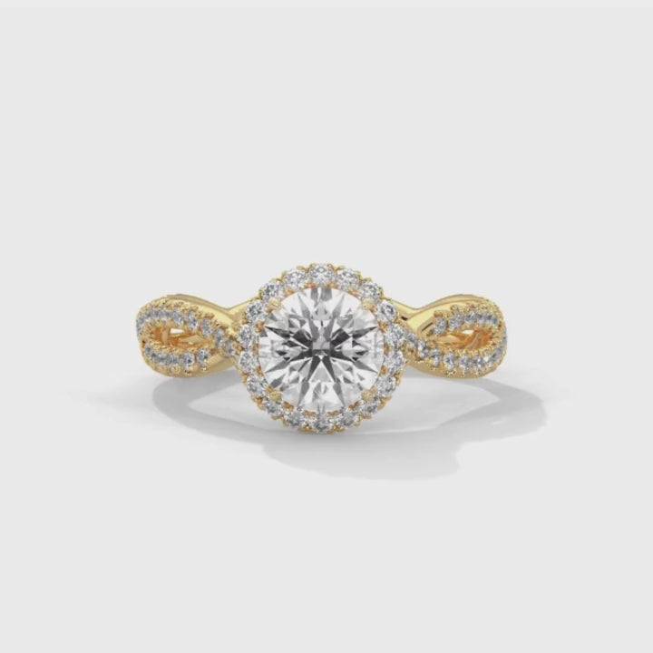 Twisted Halo Engagement Ring – 1 Carat Round Diamond Ring – Infinity Band Style – Custom Gold Bridal Ring – Elegant Vintage Inspired Ring