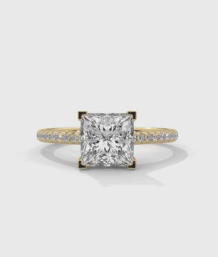 Princess Cut Solitaire Ring – 2 Carat Diamond Engagement Ring – Four Prong Classic Design Pave Diamond Wedding Ring – Custom Wedding Ring