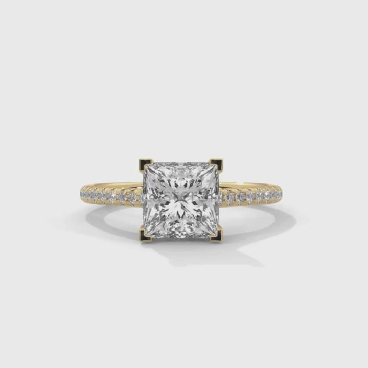 Princess Cut Solitaire Ring – 2 Carat Diamond Engagement Ring – Four Prong Classic Design Pave Diamond Wedding Ring – Custom Wedding Ring