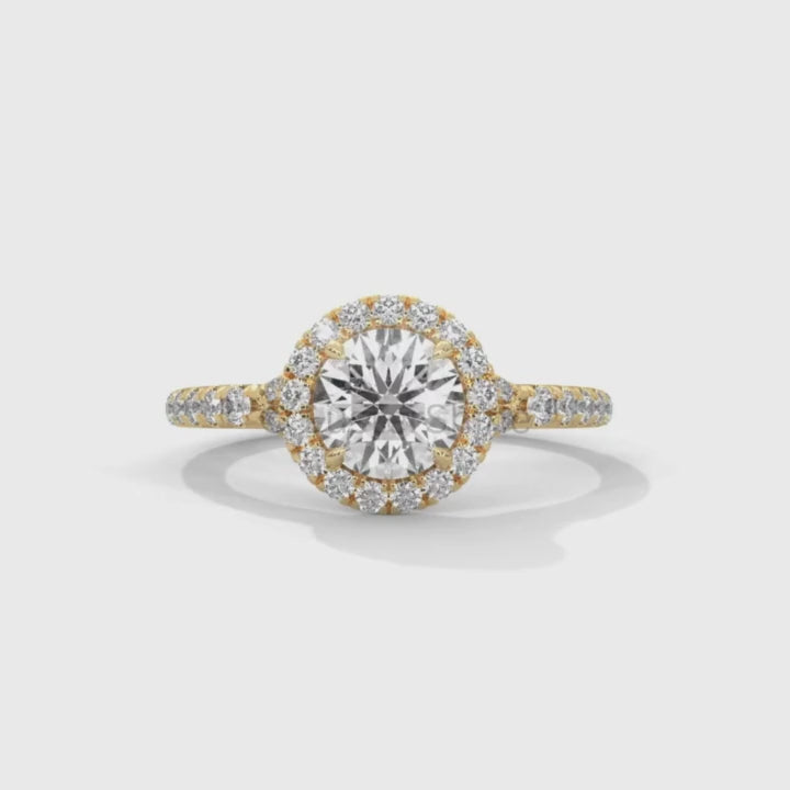 Round Halo Diamond Engagement Ring – 1ct Brilliant Center – Pave Band Gold Moissanite Ring – Proposal Ring – LusterShine Fine Jewelry