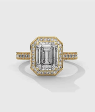 2CT Emerald Diamond Ring – Halo Engagement Ring – Step Cut Gold Ring – Elegant Pave Band – Vintage Inspired Unique Art Deco Wedding Ring