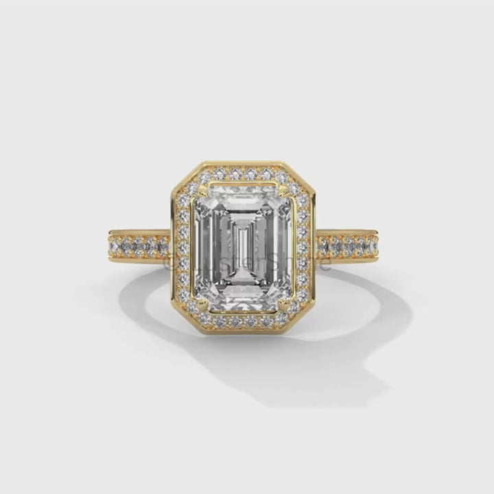 2CT Emerald Diamond Ring – Halo Engagement Ring – Step Cut Gold Ring – Elegant Pave Band – Vintage Inspired Unique Art Deco Wedding Ring