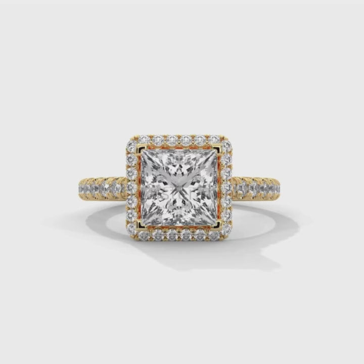 Princess Cut Halo Ring – 2CT Square Diamond Engagement Ring – Gold Pave Band – Modern Bridal Jewelry – Custom Wedding 14K Gold Platinum Ring