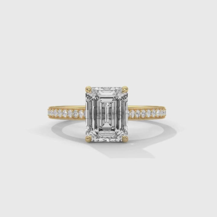Emerald Cut Diamond Engagement Ring – Pave Band Gold Ring – Moissanite Yellow & White Gold Ring – Art Deco Ring – LusterShine Bridal Jewelry