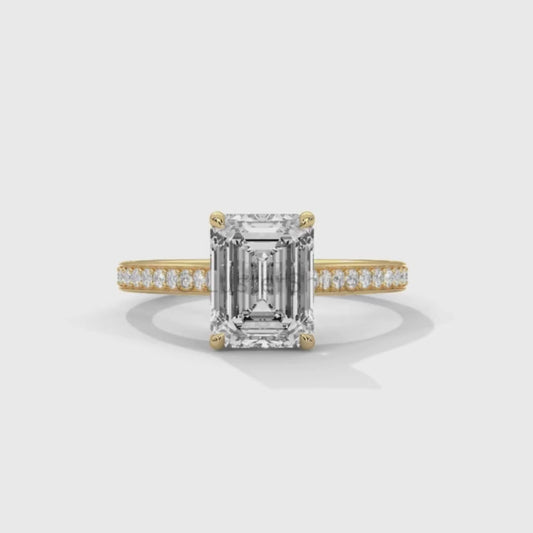 Emerald Cut Diamond Engagement Ring – Pave Band Gold Ring – Moissanite Yellow & White Gold Ring – Art Deco Ring – LusterShine Bridal Jewelry