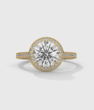 Round Halo Diamond Ring – Pave Engagement Band – 2CT Center Stone – 14K 18K Gold – Custom Bridal Jewelry – Moissanite Diamond