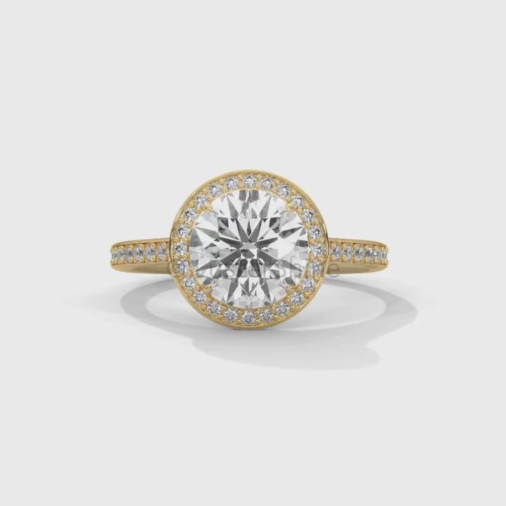 Round Halo Diamond Ring – Pave Engagement Band – 2CT Center Stone – 14K 18K Gold – Custom Bridal Jewelry – Moissanite Diamond