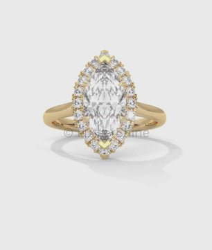 Marquise Cut Halo Engagement Ring – 2ct Marquise Diamond Ring – Gold Marquise Solitaire – Unique Vintage Bridal Ring – Dainty Wedding Ring