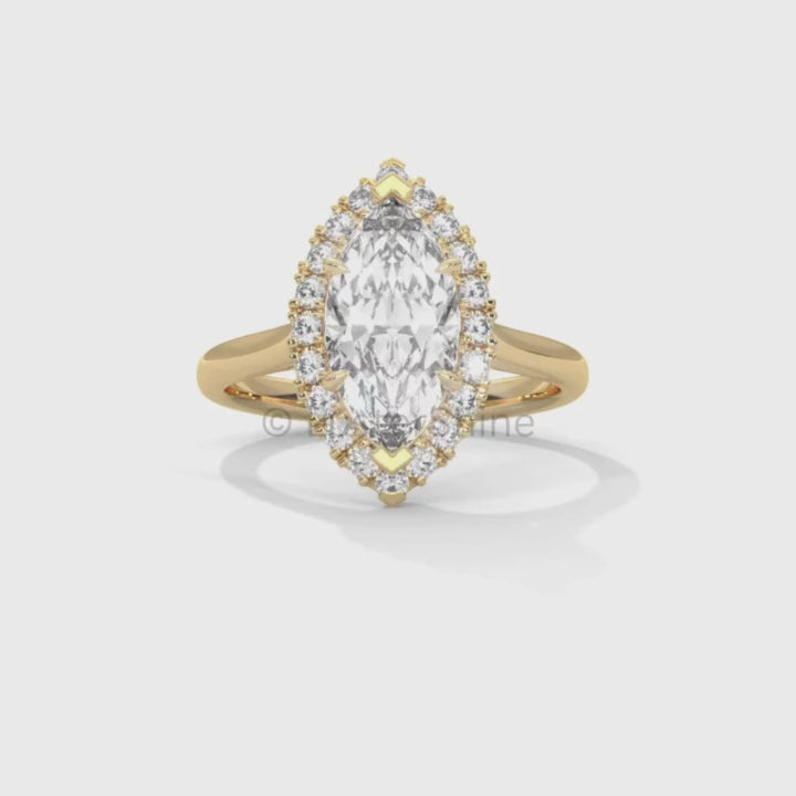 Marquise Cut Halo Engagement Ring – 2ct Marquise Diamond Ring – Gold Marquise Solitaire – Unique Vintage Bridal Ring – Dainty Wedding Ring