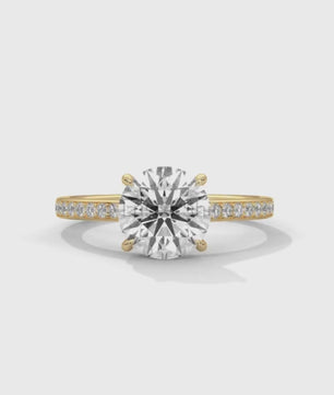 Round Brilliant Solitaire Ring – Moissanite Engagement Ring with Diamond Pave Band – Elegant 6 Prong Moissanite Engagement Ring in Silver