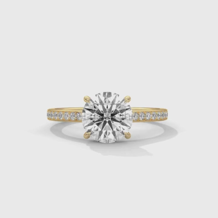 Round Brilliant Solitaire Ring – Moissanite Engagement Ring with Diamond Pave Band – Elegant 6 Prong Moissanite Engagement Ring in Silver