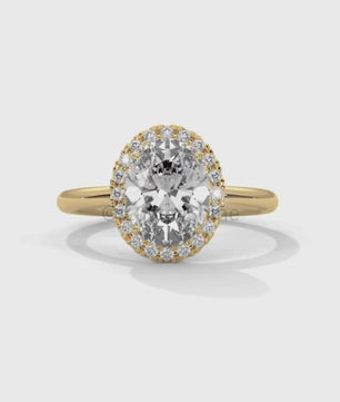 Oval Halo Engagement Ring – 2 Carat Moissanite Center – Pave Diamond Band – 14K Yellow Gold Elegant Bridal Ring – Custom Bridal Jewelry Gift