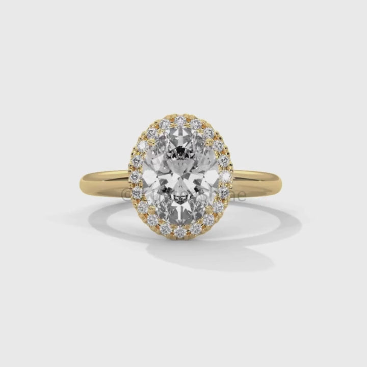 Oval Halo Engagement Ring – 2 Carat Moissanite Center – Pave Diamond Band – 14K Yellow Gold Elegant Bridal Ring – Custom Bridal Jewelry Gift