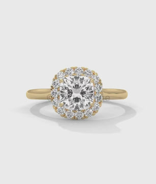 Cushion Halo Engagement Ring – Round Diamond Ring in 14K or 18K Yellow Gold – Elegant Dainty Gold Ring – LusterShine – Delicate Bridal Rings