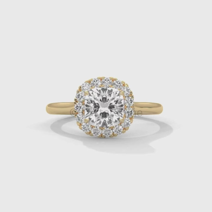 Cushion Halo Engagement Ring – Round Diamond Ring in 14K or 18K Yellow Gold – Elegant Dainty Gold Ring – LusterShine – Delicate Bridal Rings