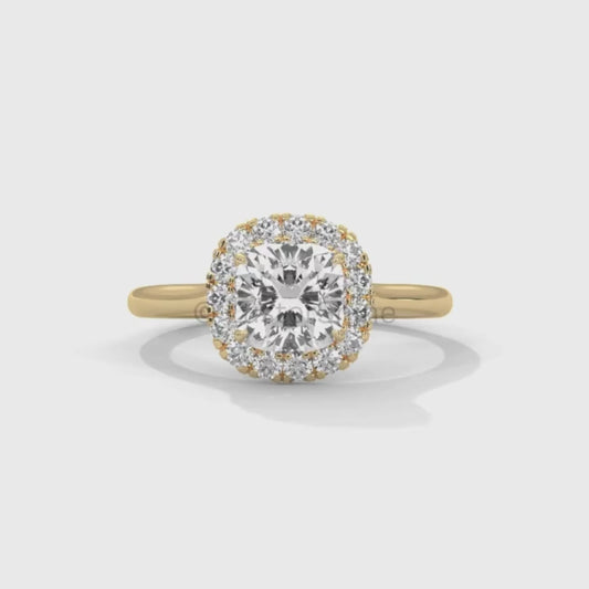 Cushion Halo Engagement Ring – Round Diamond Ring in 14K or 18K Yellow Gold – Elegant Dainty Gold Ring – LusterShine – Delicate Bridal Rings