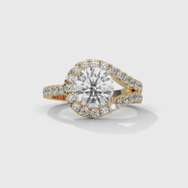 Crossover Diamond Engagement Ring – Round Cut Split Shank Halo Ring in 14K Gold – Moissanite Diamond Handmade Bridal Ring for Gift Party